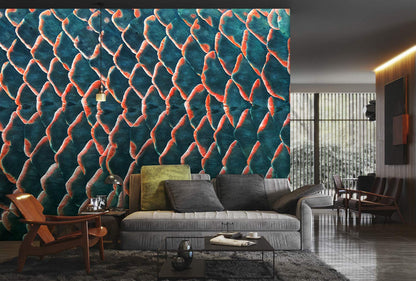 Abstract Teal Wavy Lines Mural Wallpaper in living room