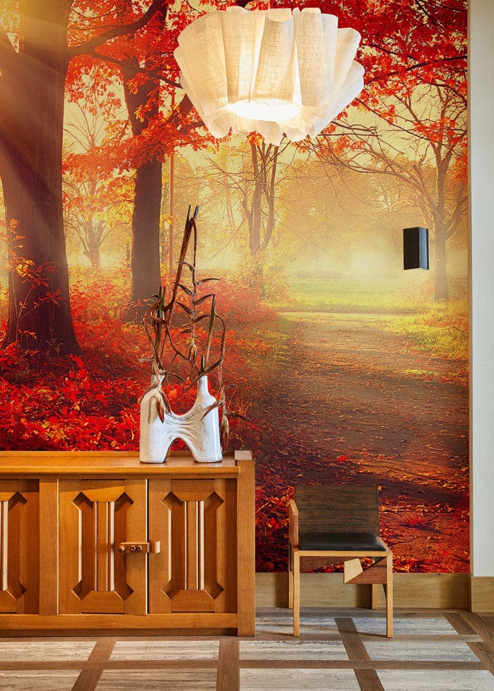 Wallpaper Mural of a Landscape with Flaming Red Woods, Perfect for Hallway Decorating
