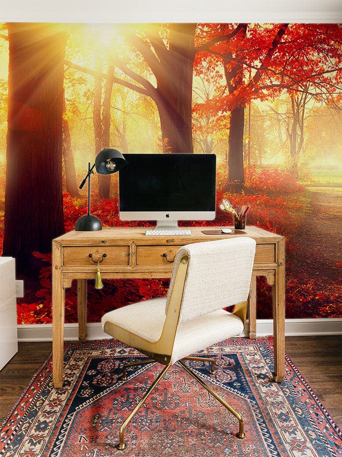 Landscape Wall Mural Wallpaper with Burning Red Woods, Ideal for Home or Work