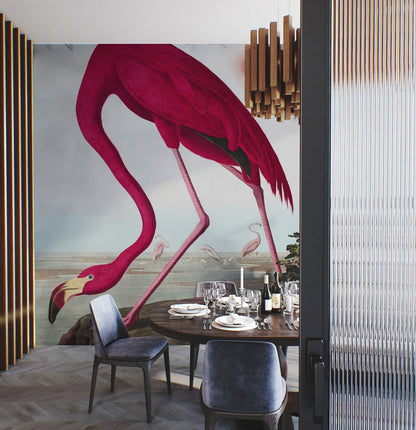 Vintage Flamingo Illustration Mural Wallpaper in dining room