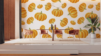 Bright Whimsical Pumpkin Pattern Mural Wallpaper in dining room