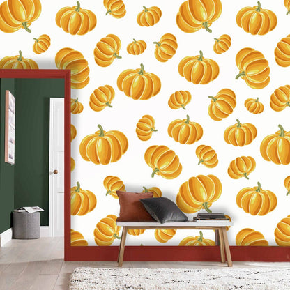 Bright Whimsical Pumpkin Pattern Mural Wallpaper in living room