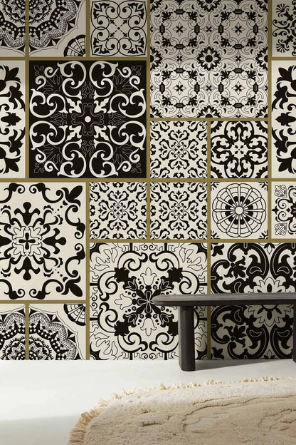 Elegant Black Beige Vintage Mural Wallpaper in living room