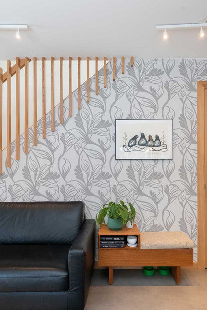 Elegant Grey Floral Pattern Mural Wallpaper in living room