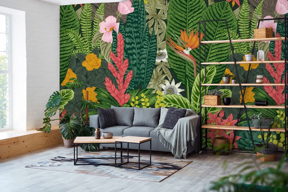 Wallpaper Mural of a Blooming Flower Bush, Perfect for Decorating the Living Room