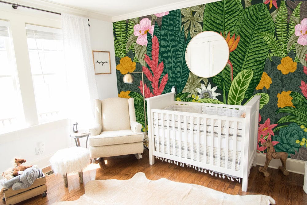 Wallpaper mural featuring a flowering bush, perfect for use as a decoration in nurseries.