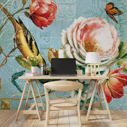 Vintage Floral Bird Mural Wallpaper in office