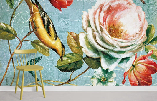 Vintage Floral Bird Mural Wallpaper