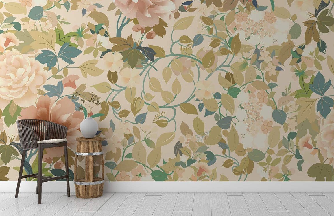 Hallway adornment featuring a floral wallpaper mural