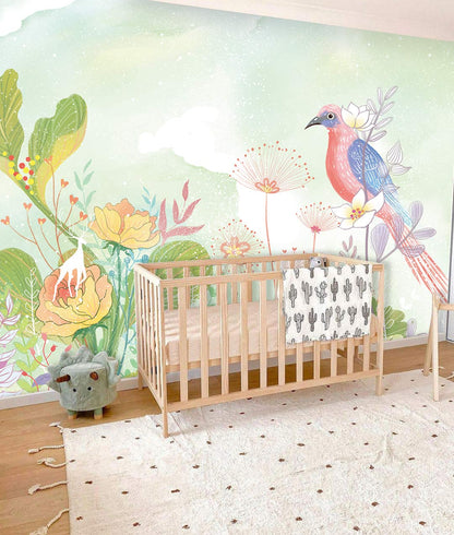 Pastel Botanical Bird Garden Mural Wallpaper in nursery