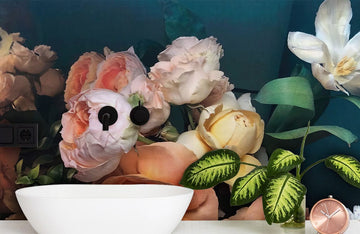Luxurious Teal Floral Bedroom Mural Wallpaper