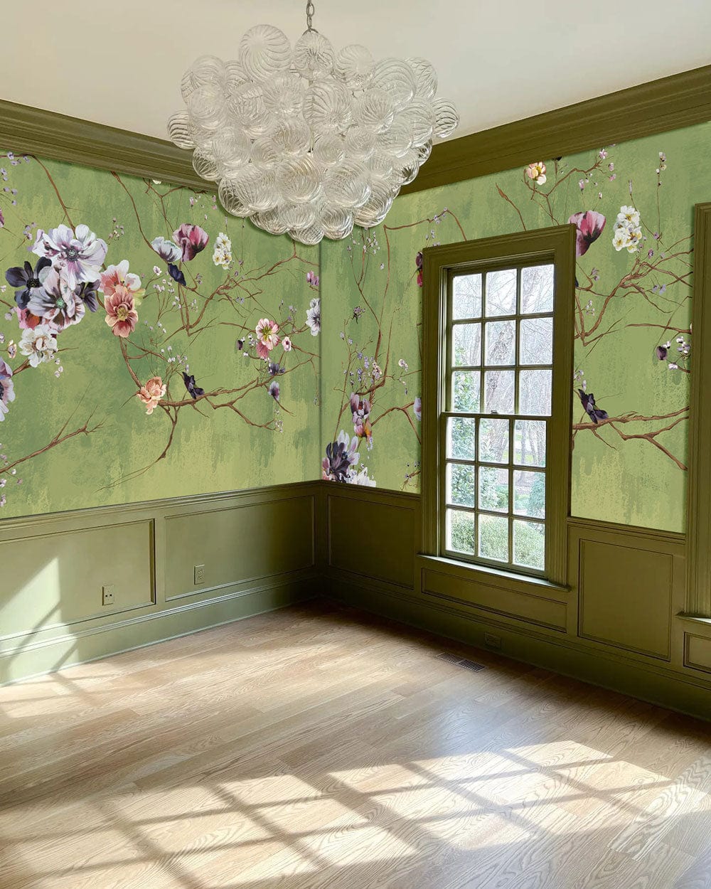 floral twigs against a grassy ground oil painting wallpaper mural for use in home decoration