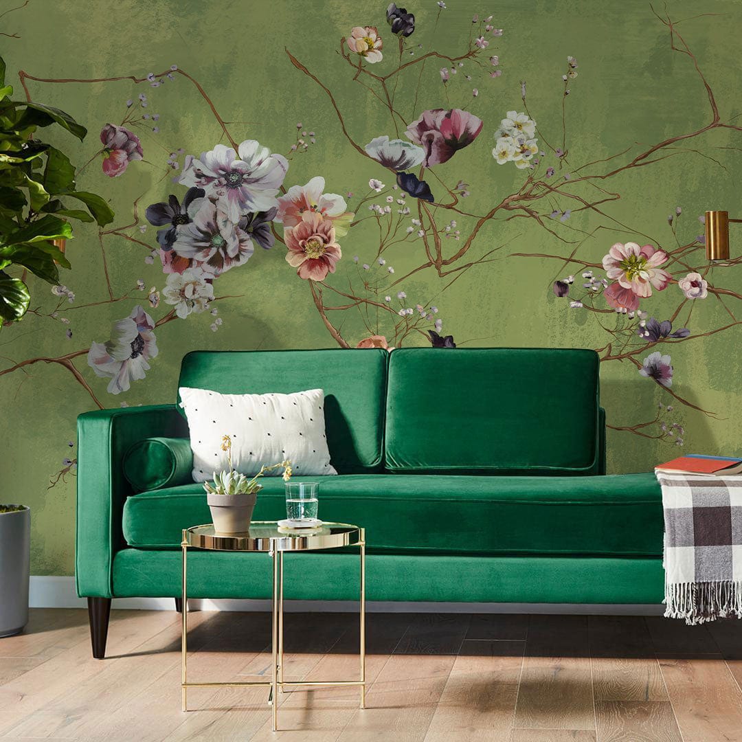 flower branches against a green background; oil painting wallpaper mural for home decoration.