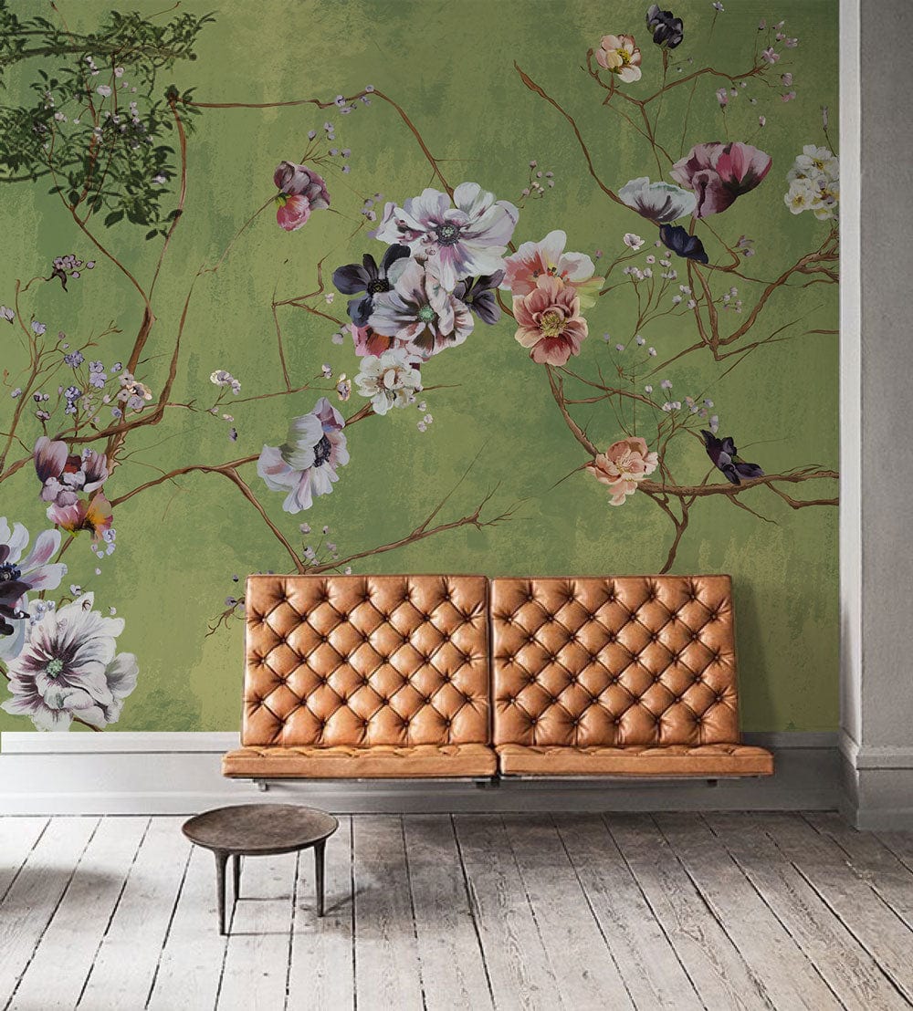 wall mural for the hallway with an oil painting of flower branches on a green background.