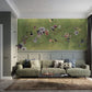flower branches on a green background; oil painting wallpaper mural for use in decorating a living room.