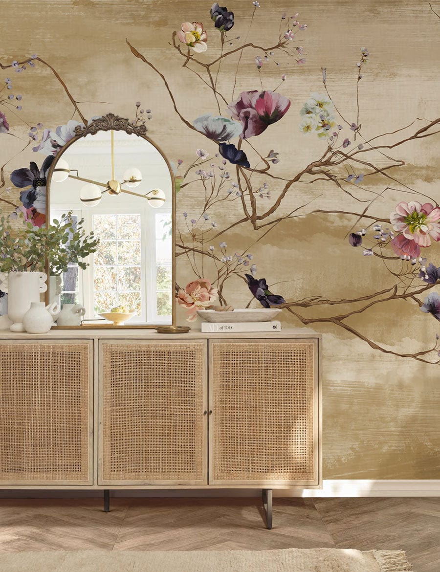 traditional floral branch painting wallpaper mural used for the decoration of hallways