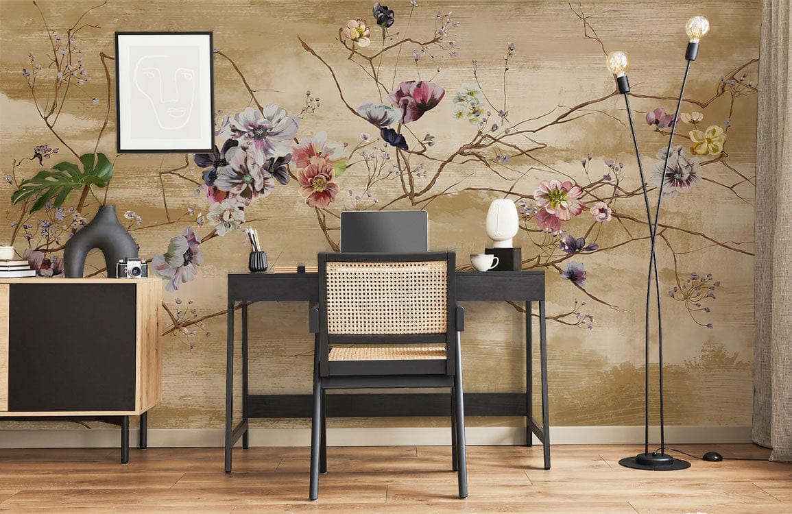 wallpaper mural with a traditional artwork of flower branches for the interior decoration of an office