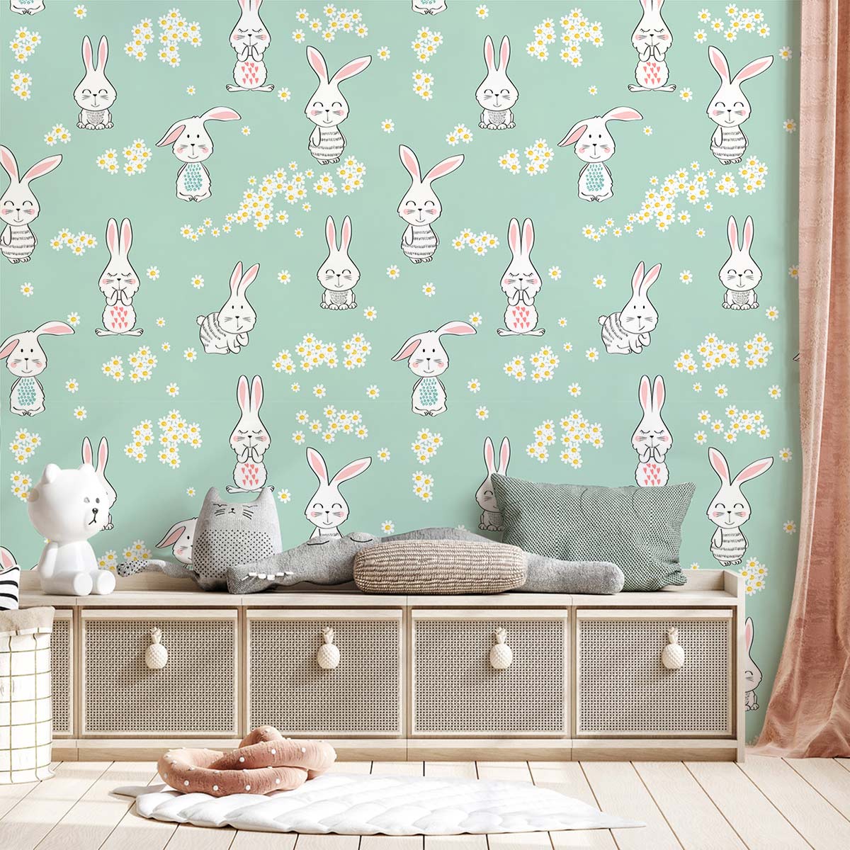 Flower & Bunny Cartoon Wallpaper For Kid's Room