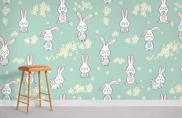 Charming Bunny Floral Nursery Mural Wallpaper