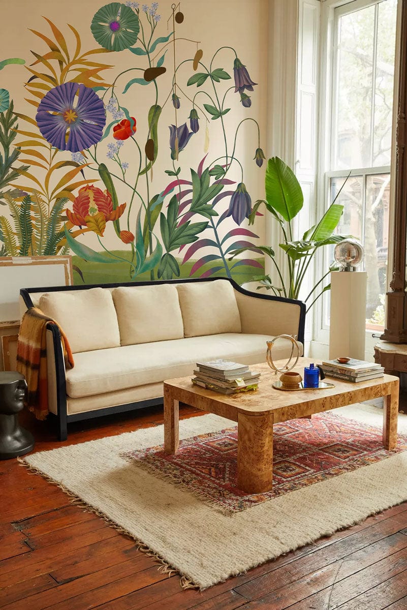 Wallpaper mural painting featuring flowering bushes, ideal for use in decorating the living room.