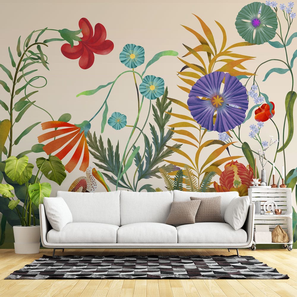 Mural wallpaper painting featuring flowering bushes, ideal for use as living room decor.