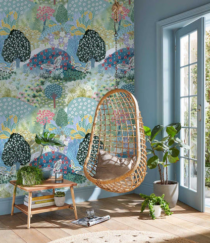Whimsical Forest Animal Pattern Mural Wallpaper in living room