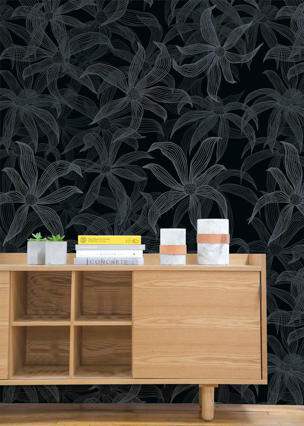 dark lined floral wall murals for hallway