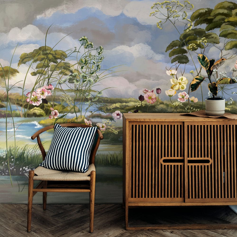 wallpaper mural with a vintage flower on a wetland scene for the hallway d��cor