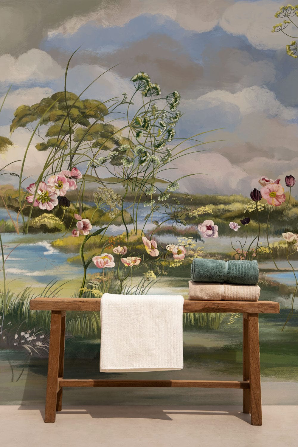wallpaper mural with a vintage flower on a swamp for the interior of a lounge.