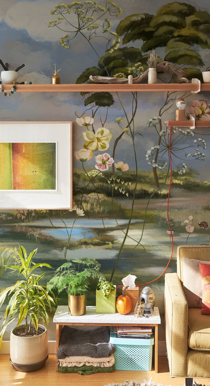 wallpaper mural featuring a vintage flower on a marsh scene for use in decorating a living room