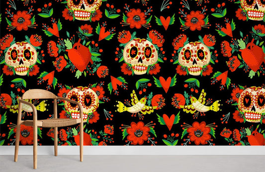 Flower & Skeleton Pattern Red Wall Mural
