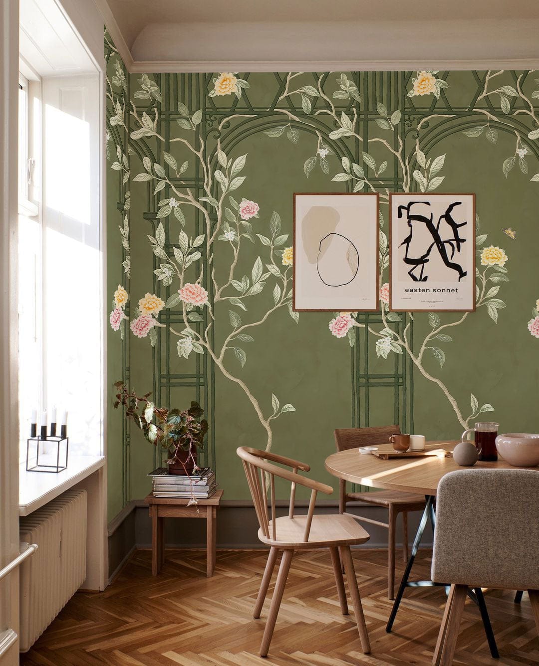 Wallpaper mural featuring a flowering vine and vine fence, perfect for decorating the dining room.