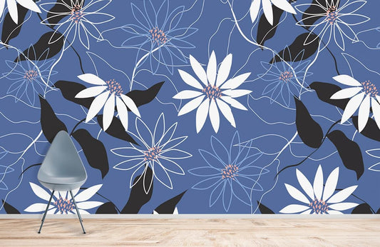 Wallpaper Mural in Blue with Abstract Flowers, Suitable for Home Decoration