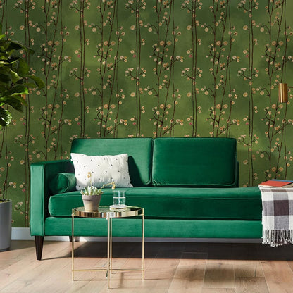 Botanical Dark Green Floral Mural Wallpaper in living room