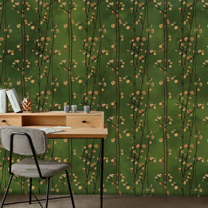Botanical Dark Green Floral Mural Wallpaper in office