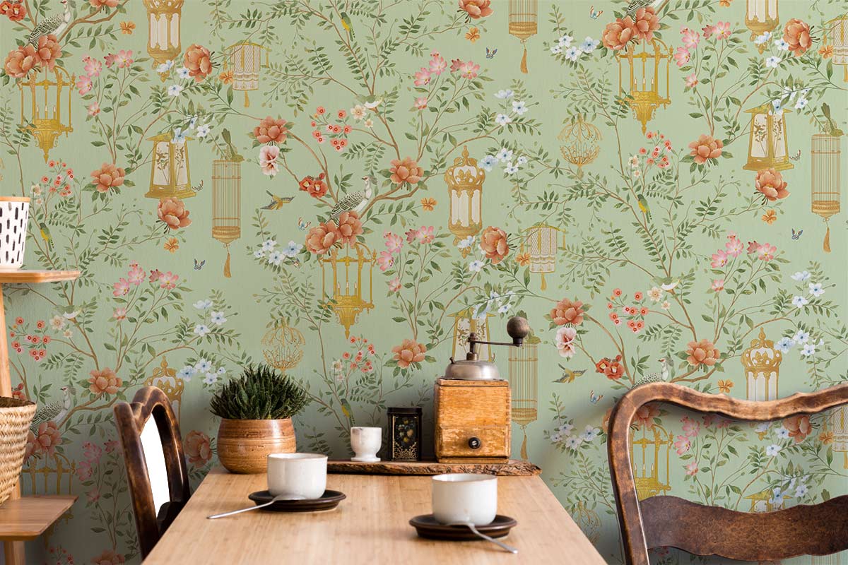 Flowers & Birdcage Floral Custom Wallpaper Interior