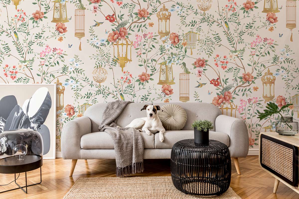 Flowers & Birdcage Floral Wallpaper Home Interior