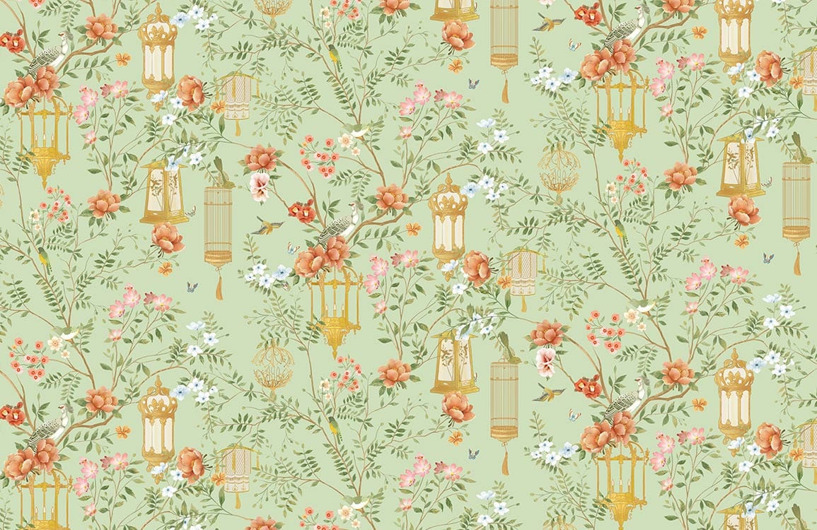 Flowers & Birdcage Green Wallpaper Art Design