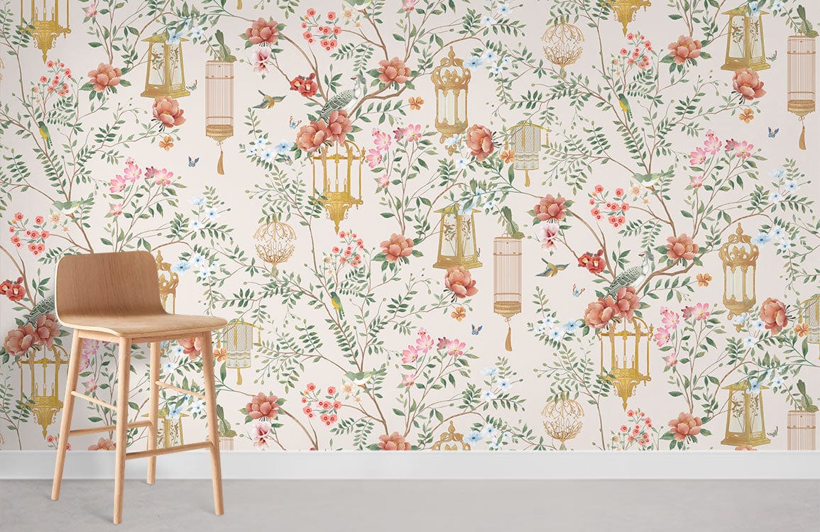 Flowers & Birdcage Pattern Pink Wallpaper Room