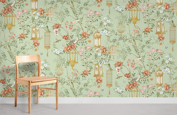 Vintage Floral Bird Cage Mural Wallpaper