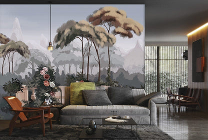 Misty Mountain Floral Landscape Mural Wallpaper in living room