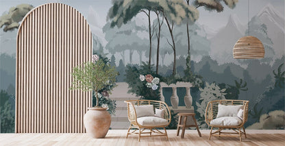 Misty Forest Floral Landscape Mural Wallpaper in living room