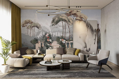 Misty Mountain Floral Landscape Mural Wallpaper in living room
