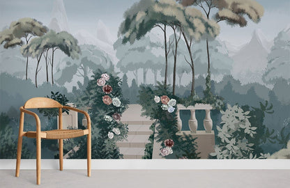 Misty Forest Floral Landscape Mural Wallpaper