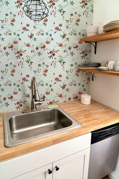 Classic Dainty Floral Trellis Wallpaper Mural Design in kitchen