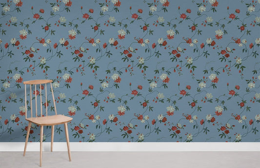 Vintage Blue Floral Mural Wallpaper