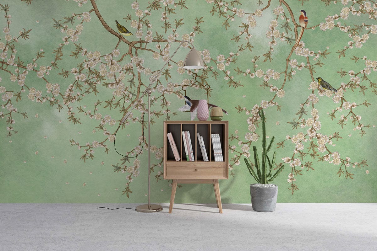 Flower Pattern on a Lush Green Wallpaper Mural for Hallway Decorations