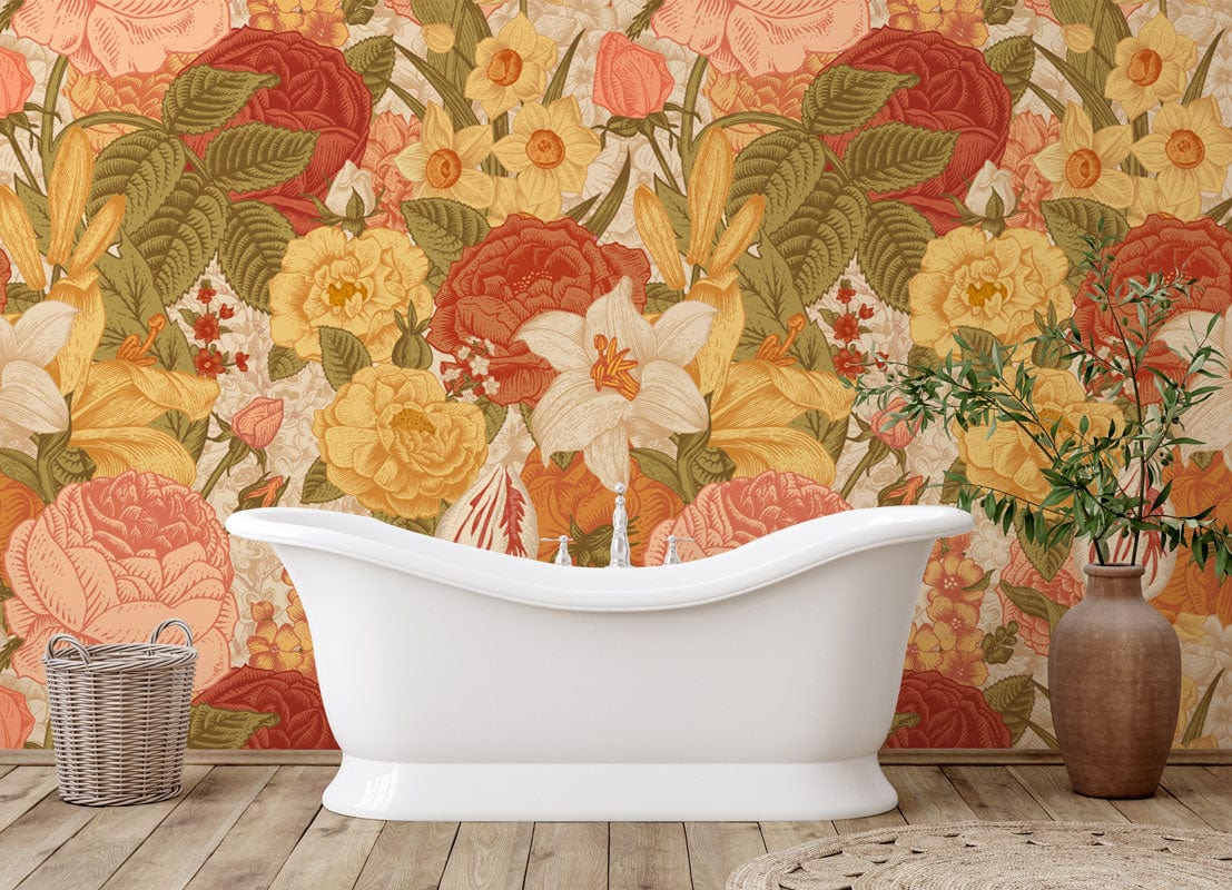 Wallpaper mural featuring flowers arranged in tight clusters, perfect for use in the bathroom.