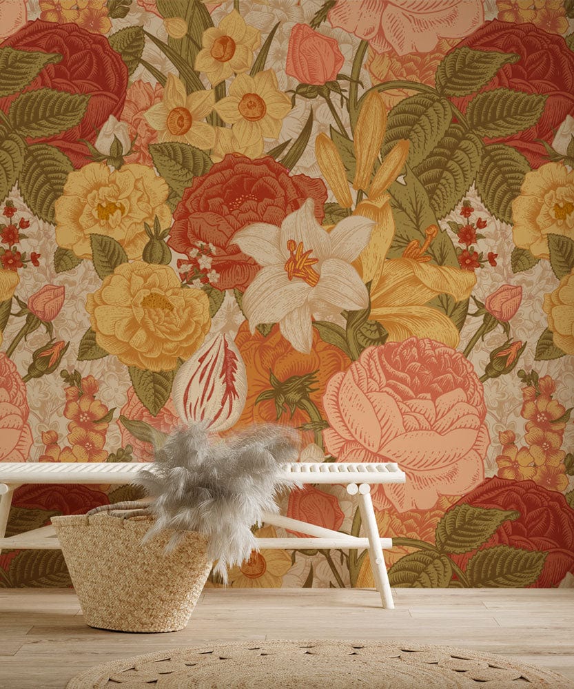 Wallpaper mural featuring flowers arranged in dense clusters, perfect for use in the hallway.