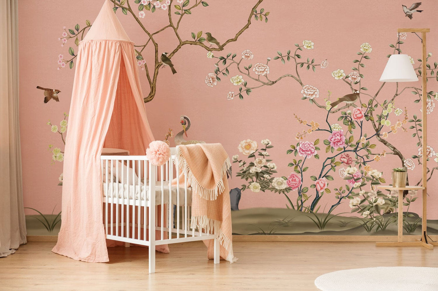 pink wallpaper mural nursery room decoration idea